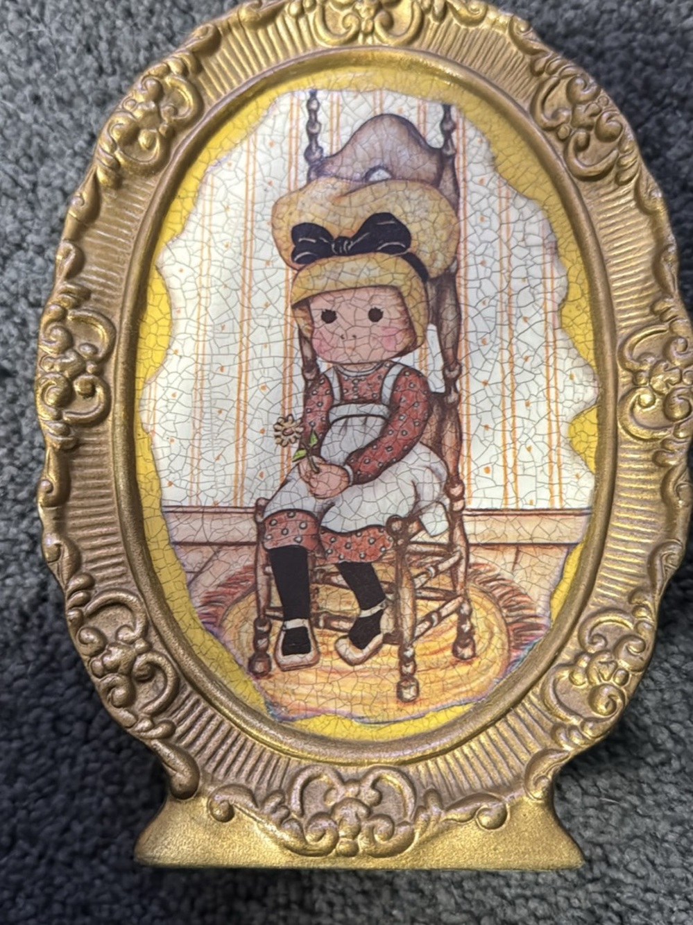 Vintage Gold Framed Girl Illustration Accent Plaque - Gold